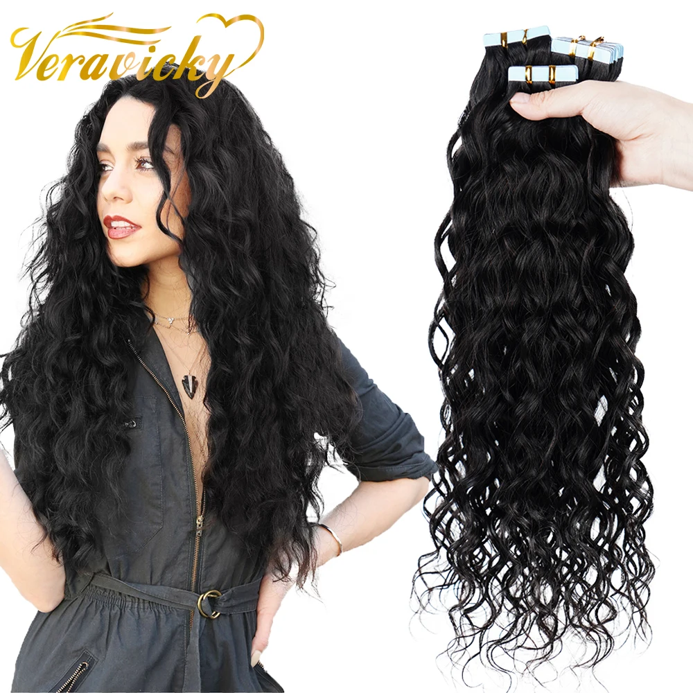 Water Wave Tape In Human Hair Extensions Adhesive Invisible Skin Weft Tape Hair Extensions Natural Wavy Curly Hair Remy 14”-26“