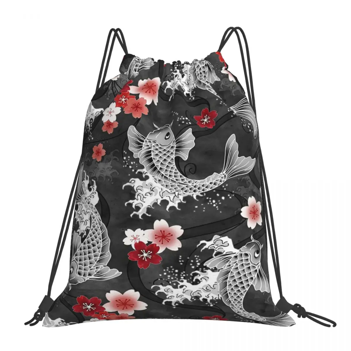 

Koi Sakura Blossom In Black Backpacks Portable Drawstring Bags Drawstring Bundle Pocket Sports Bag Book Bags For Travel School