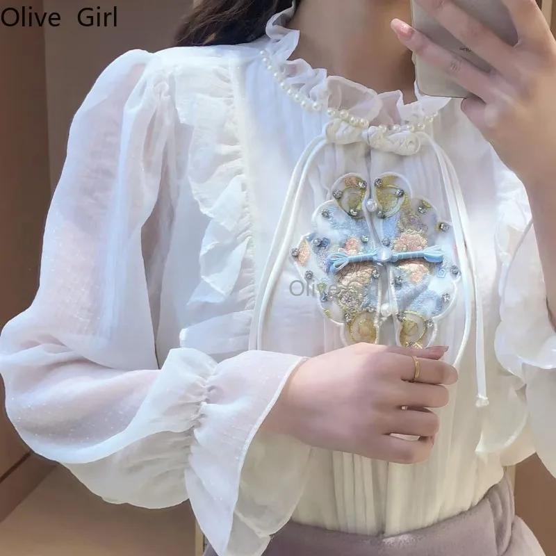 Women Clothing Blouse Embroidery Button-up Lotus Leaf Edge Long Sleeve Shirt Top Pearl Shirt Traditional Chinese Clothing Spring