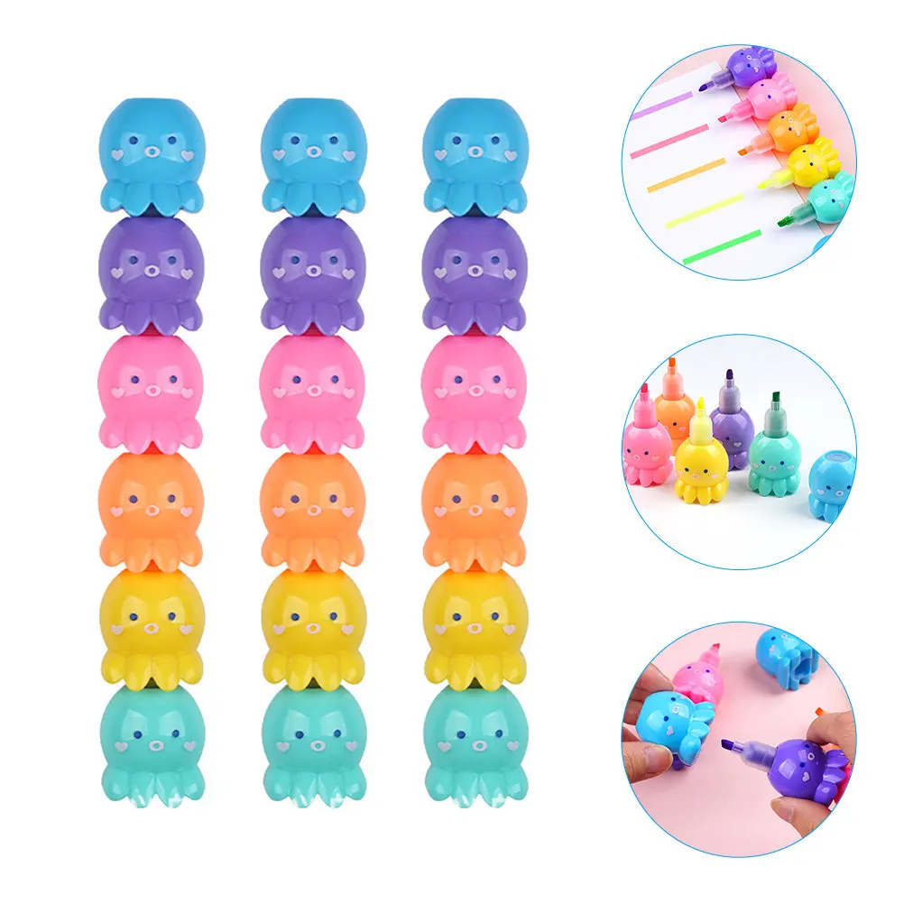 18Pcs Plastic Octopus Shaped Highlighters Aesthetic Multicolor Fluorescent Pens for Reading Notes Doodling DIY Greeting Cards