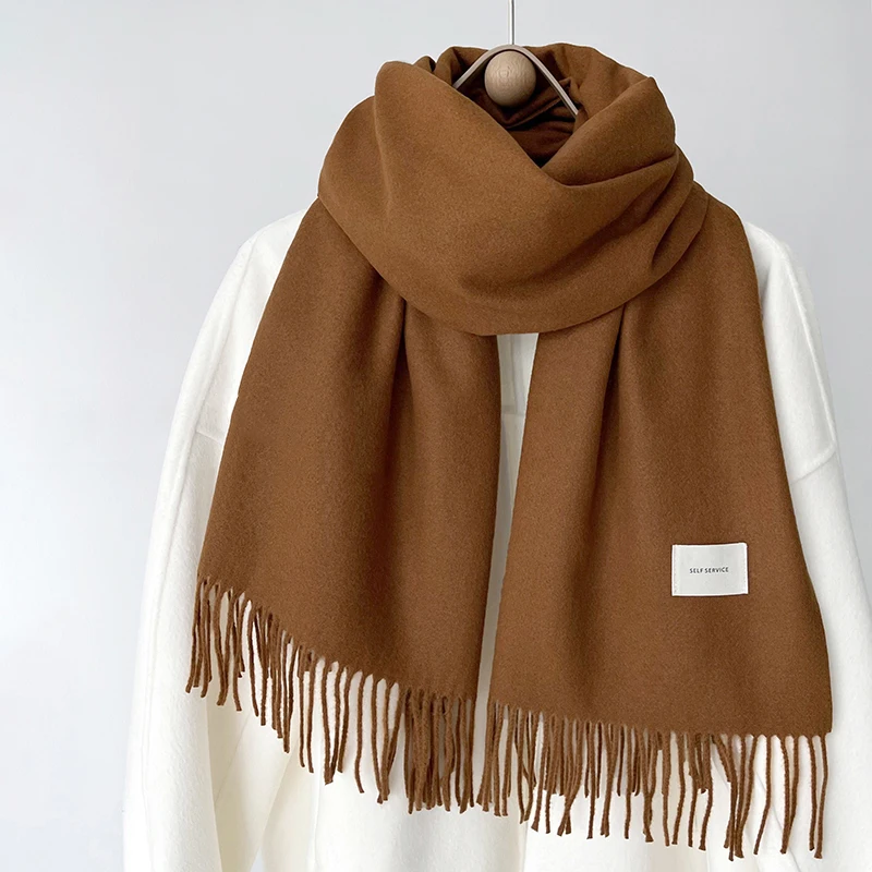 Luna&Dolphin Women Winter Solid Color Scarf Imitation Cashmere Soft Brown White Warm Knitted Woolen Ins Neck Pashmina Big Shawl