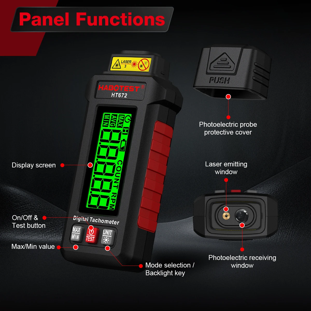 HABOTEST HT672 Mini Digitaler Laser-Drehzahlmesser Berührungsloser Drehzahlmesser Drehzahlbereich 10-99999RPM Drehzahlmesser Kilometerzähler Hintergrundbeleuchtung – Detail 6