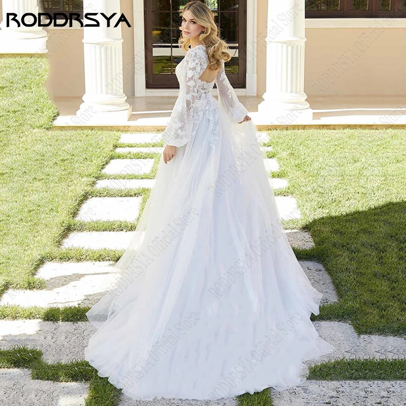 RODDRSYA Hochzeit Kleid Appliques Laterne Hülse Boho Braut Party Kleider Tüll Spitze Sweep Zug Romantik Backless robe de mariée Brautkleid Applikationen Laternenärmel Boho Brautparty Kleider Tüll Spitze Sweep Train Rom