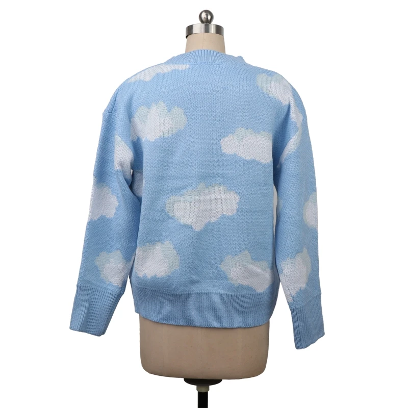 Women Autumn Long Sleeve Neck Sweater Korean Harajuku Sweet Cloud Print Tunic Tops Oversized Loose Knitted Pullover Jumper