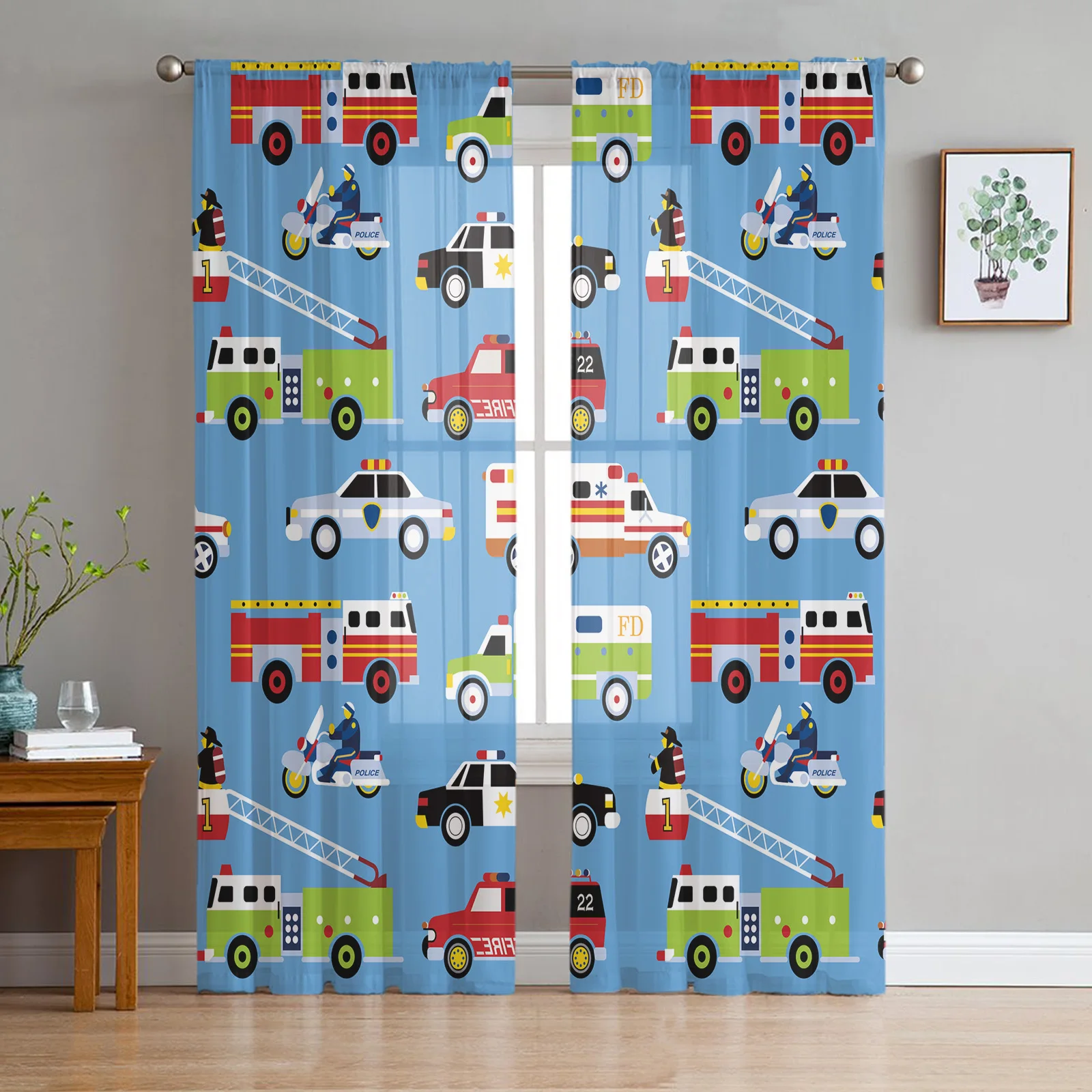 Cartoon Fire Truck Ambulance Police Car Chiffon Sheer Curtains for Living Room Bedroom Decoration Window Voiles Tulle Curtain