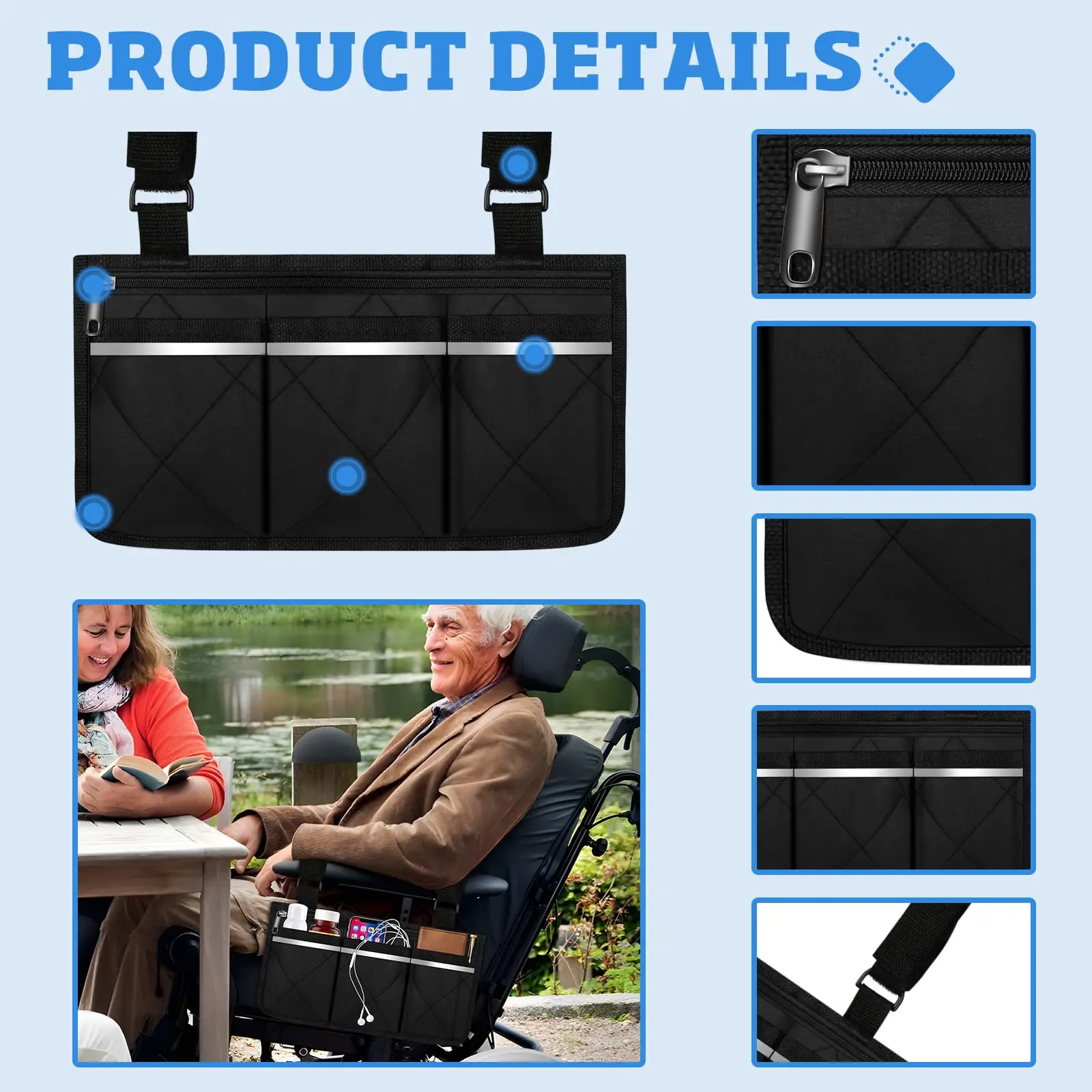 Wheelchair side armrest bag Wheelchair Storage Bag Reflective strip Portable Velcro hanging bag Baby Cart Side Bag Walker Pouch