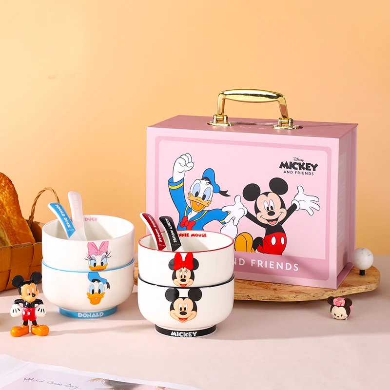 Disney Anime Kawaii Mickey Mouse Minnie high-grade Cartoon Ceramic Rice Bowl Cute Gift Box With Household Kitchen Utensils