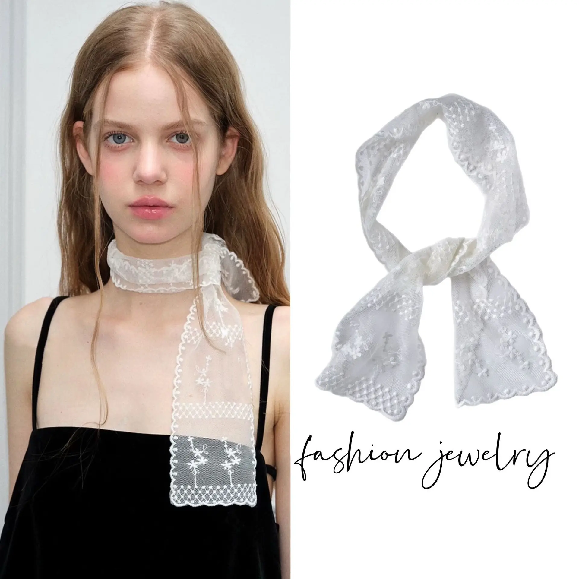 Y2k الحلو زهرة الدانتيل الرقبة حزام خلع الملابس الديكور الكورية نمط رباط شعر منديل شفاف طويل الشريط وشاح الرأس