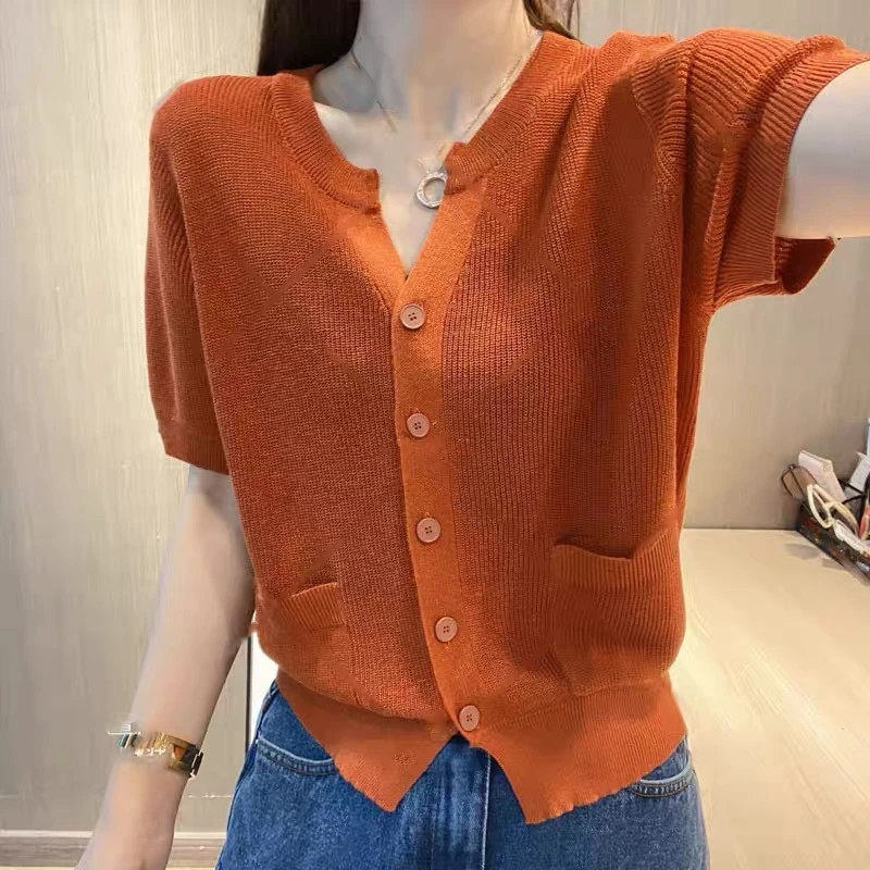 Women Stylish V Neck Short Sleeve Single Breasted Ice Silk Knitted Cardigan 2024 Summer Casual Solid Pocket Loose Chic Knitwears