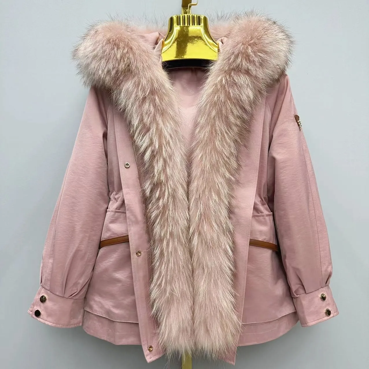 High Quality Women Winter Parkas Mid-long Raccoon Fur Placket Warm Wadded Jacket Detachable Rex Rabbit Hair Liner Fur Overcoat