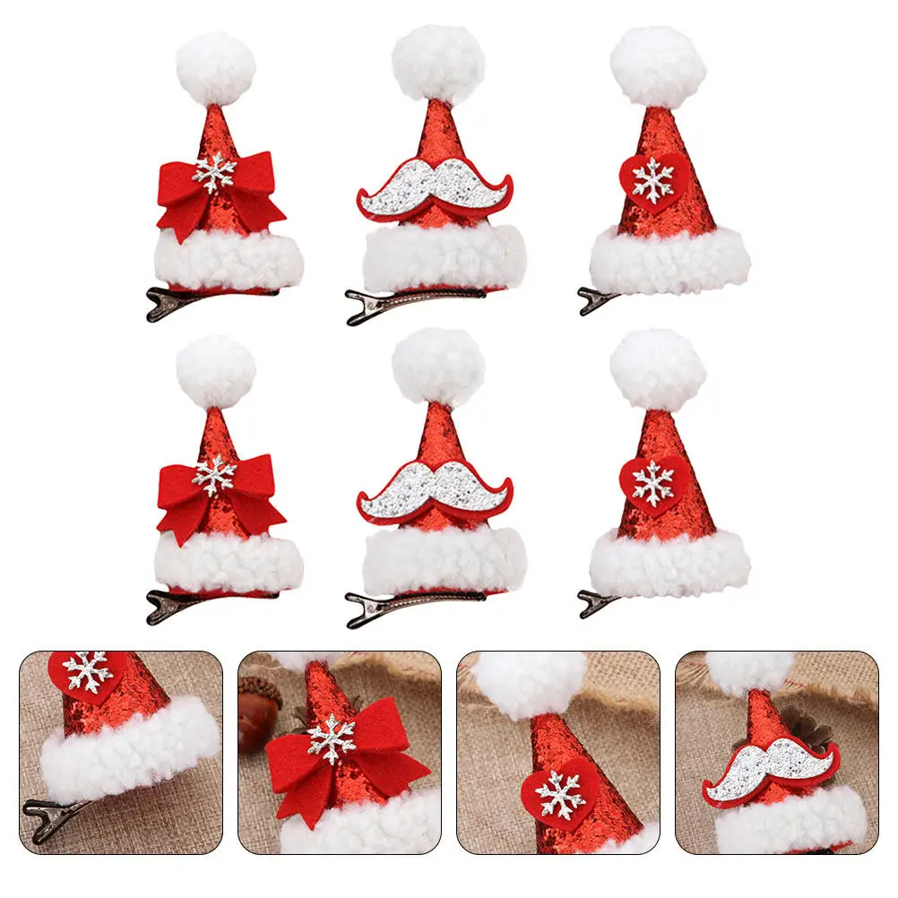 6Pcs Christmas Hairpins Santa Hat Style Hair Clips Non Tangling Strong Grip for Party Festival Wedding