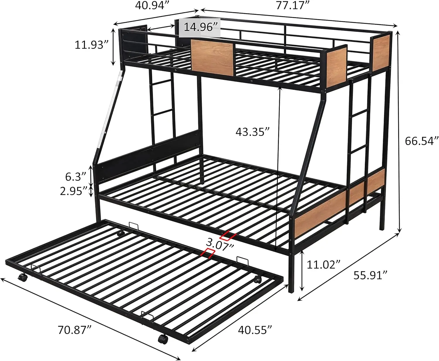 Over Full Bunk Beds with Trundle,Heavy Duty Metal Bed Frame with Safety Rail Side Ladders for Dormitory Bedroom Boys Girls Adult