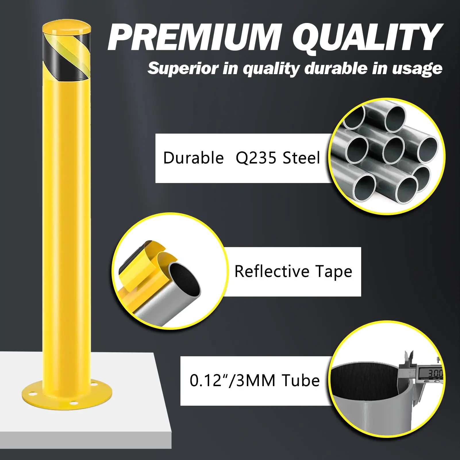 Safety Bollard Post, 42 Inch Height Steel Bollards, 3.5 Inch Diameter Parking Bollard, Yellow Powder Coated Safety Parking