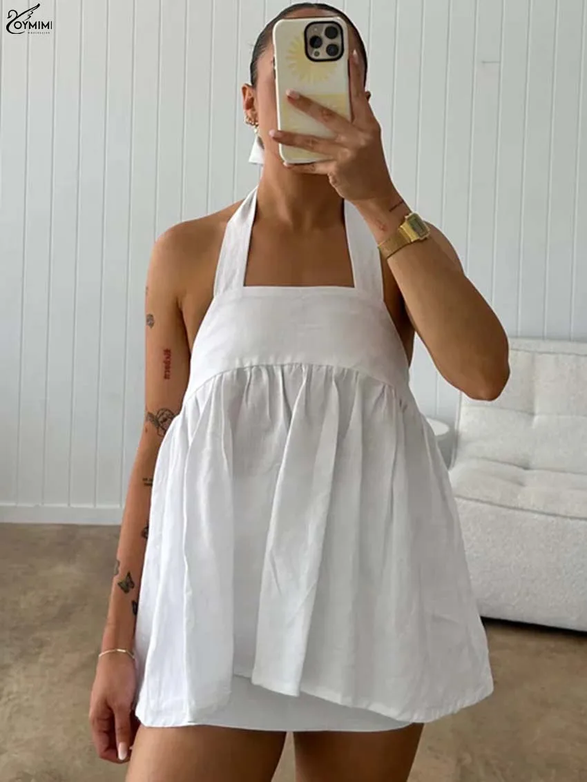

Oymimi Fashion White Cotton 2 Pieces Set For Woman Elegant Halter Neck Sleeveless Open Back Ruffled Blouses And Mini Skirts Sets