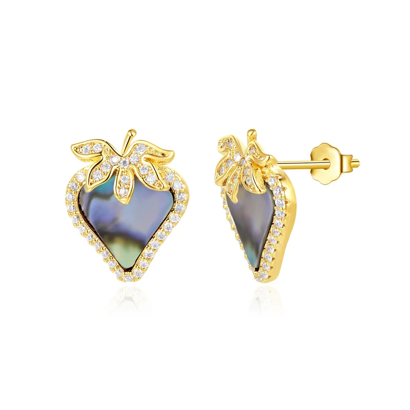TKJ 925 Sterling Silver Earrings Cubic Zirconia Strawberry Shape Shell Ear Studs Gold Plating Jewelry for Women Fine Jewelry
