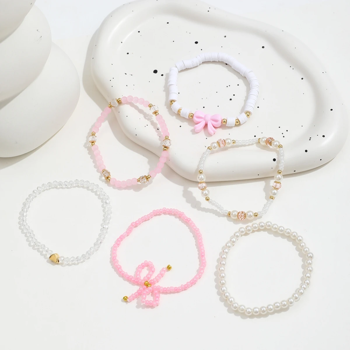 6Pcs/Set European and American Cute Pearl Love Beaded Bow Bracelets Set For Women Simple Design Sweet Jewelry Gifts view 5