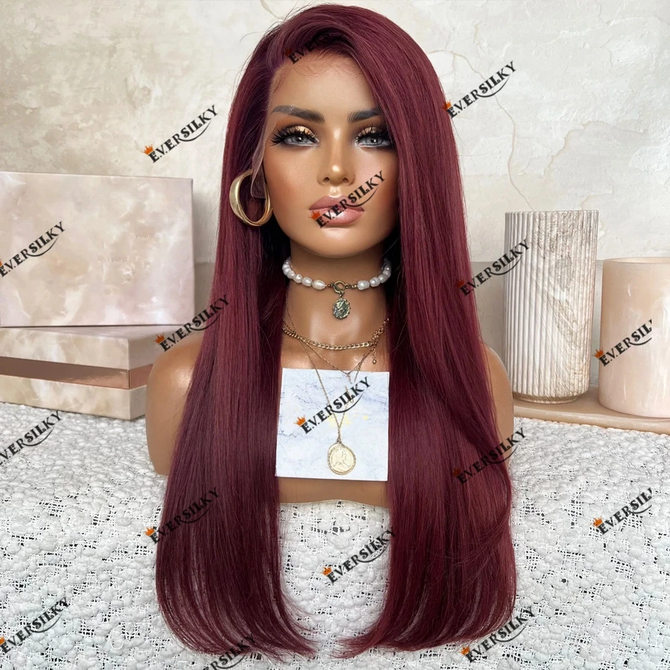 Bone Straight Plum Burgundy Human Hair Natural Hairline 13x6 Lace Front Wig for Women 180 Density Remy Indian Hair 13x4 Lace Wig