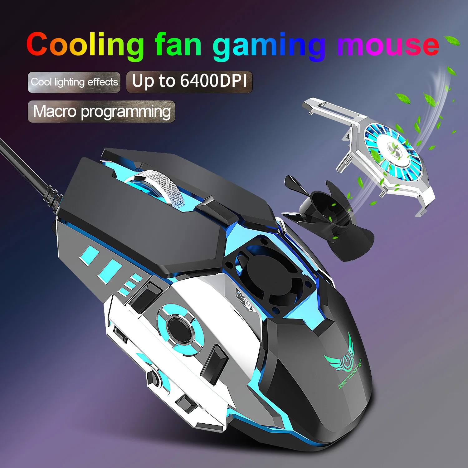 Wired Game Mouse With Fan RGB Light Effect 6400DPI DPI Button Cool Fan Mouse 1000Hz Play Game Metal Roller Firekey Mause