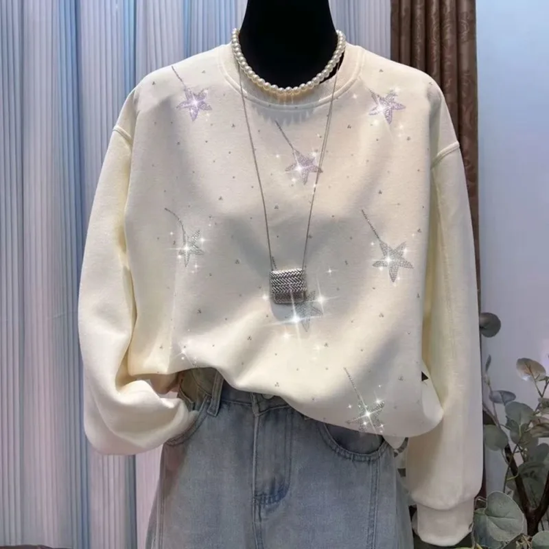 

Футболка Hot Diamond в корейском стиле, модная свободная толстовка с круглым вырезом для женщин, осень-зима 202, новый топ с длинными рукавами