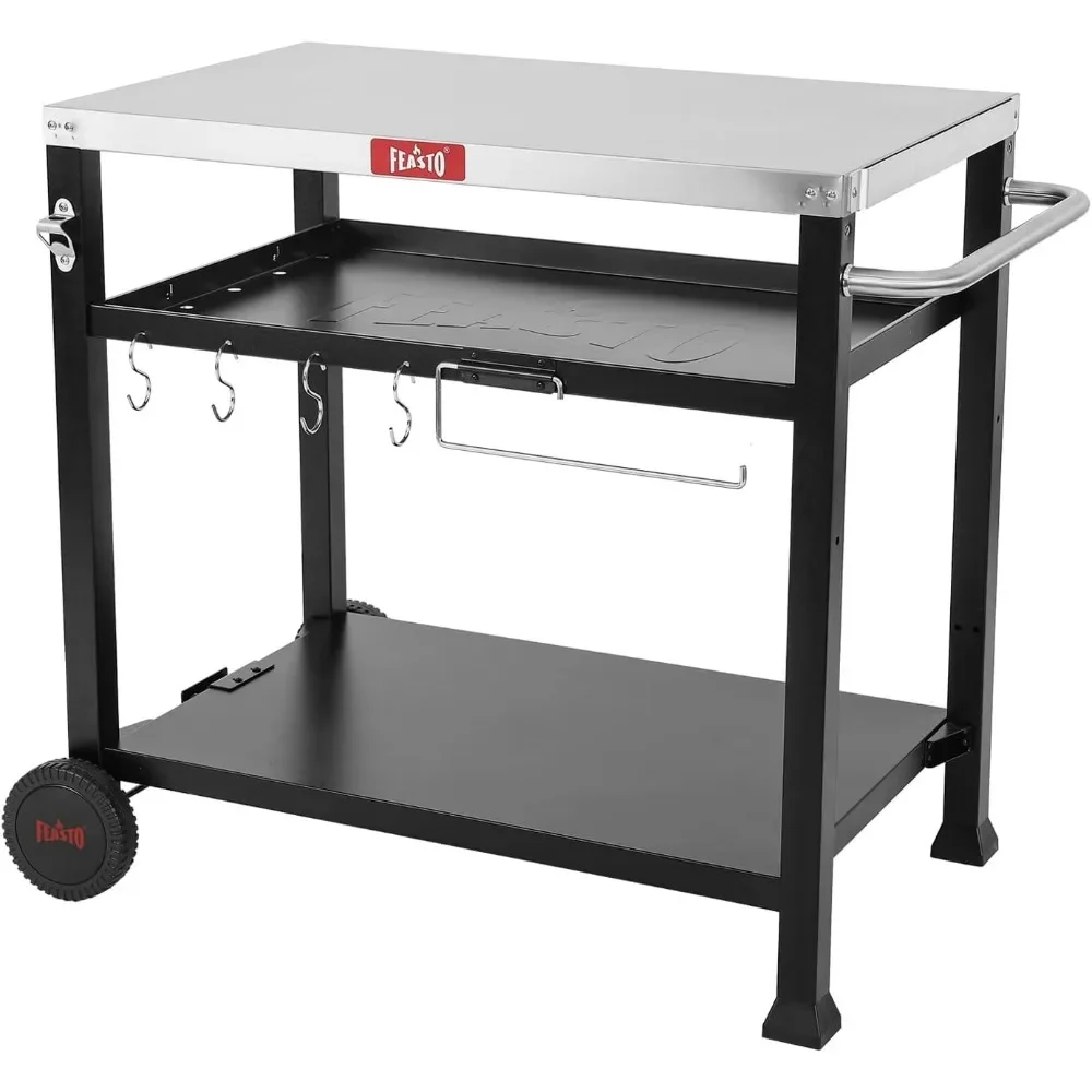 3-Shelf Outdoor Grill Table, Grill Cart Pizza Oven Table for Outside, Movable Prep Cart， Grill Cart with Wheels, Freight free