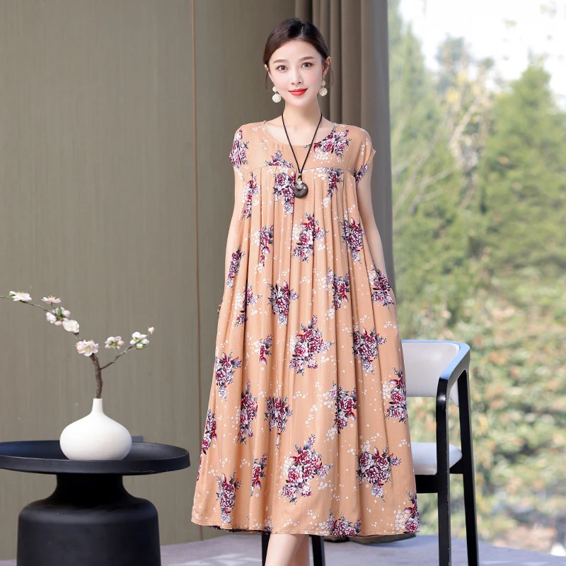 Neue Heiße 2023 Casual Vintage Sommer Baumwolle Silk Kleid Für Frauen Druck Blumen Kurzarm Oansatz Druck Elegante Kleider 4XL