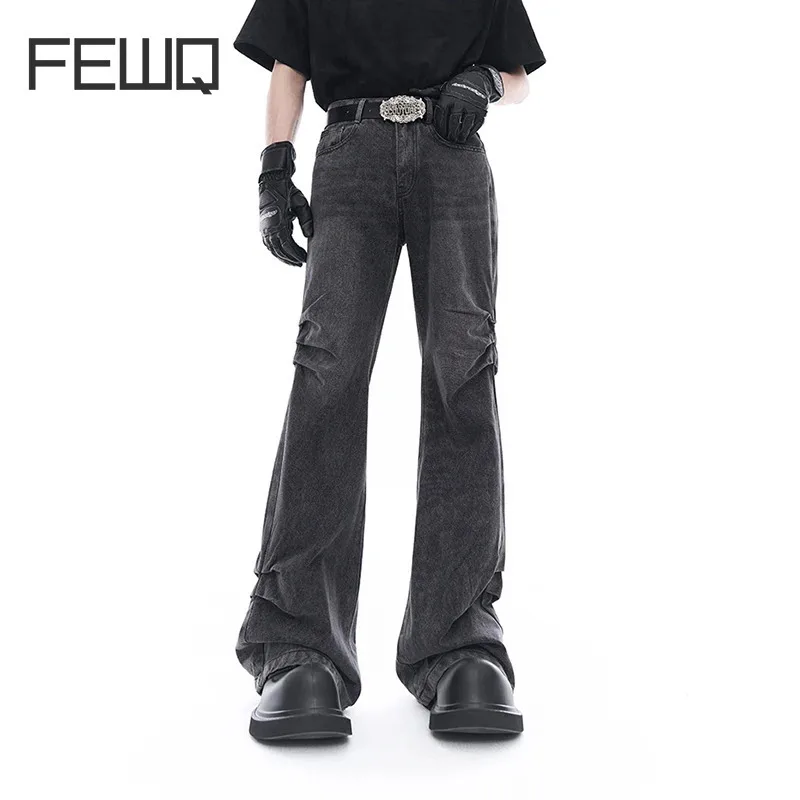 

FEWQ High Street Men Bootcut Jeans Fold Texture Niche Design Tide Male Clothing 2024 Summer New Trendy Denim Pants 24E1315