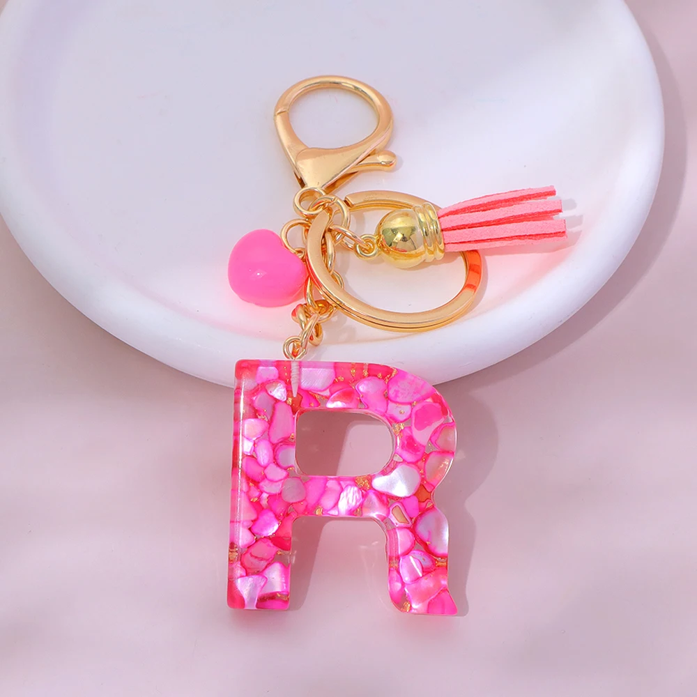 Exquisite Pink Stone Filled Resin Letter Keychain 26 Initials Alphabet Heart Tassel Charms Keyring Women Handbag Decor Ornaments