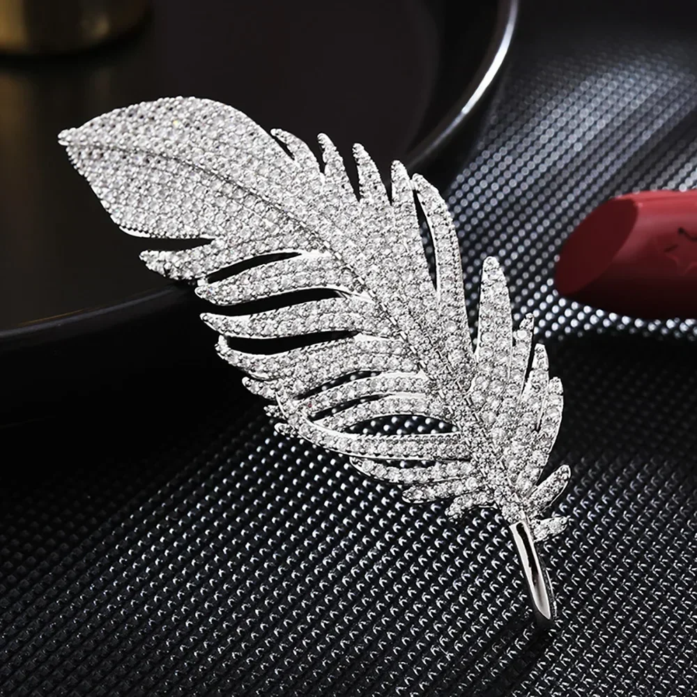 Luxury Feather Brooches for Womens Zircon Inlaid Brooch Pins Fashion Jewelry wedding bridesmaid Accessories fine Gifts Wholesale