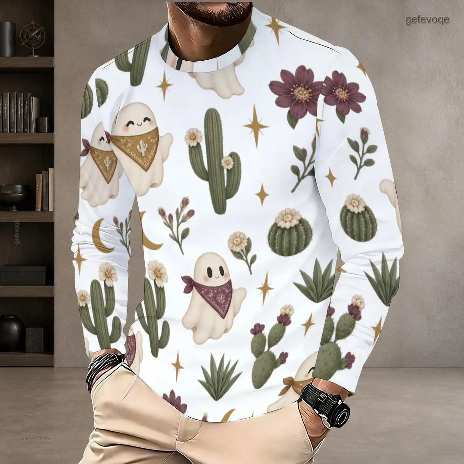 Men Round Neck Long Sleeve T-Shirt, Printed Western Cowboy Boot Cactus Pumpkin Floral Pattern White Pullover Top