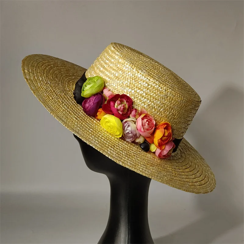 Women's Beach Hat 10cm Flat-Top Straw Hat with Detachable Faux Floral Trim | Stylish Headwear for Stage Winter Tie-Strap Design
