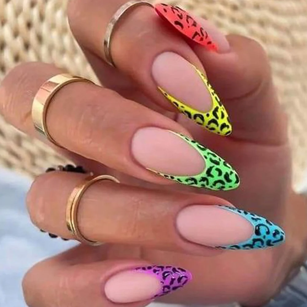 Medium fake nails tips for women girls gradient purple blue green red black leopard printing Square almond tips press on nails