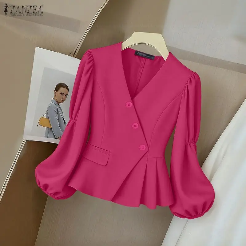 

Модные пальто ZANZEA: Элегантный офисный блейзер для женщин, с длинными рукавами-фонариками, V-образным вырезом, повседневный, осенний, на пуговицах, однотонный, женский плащ