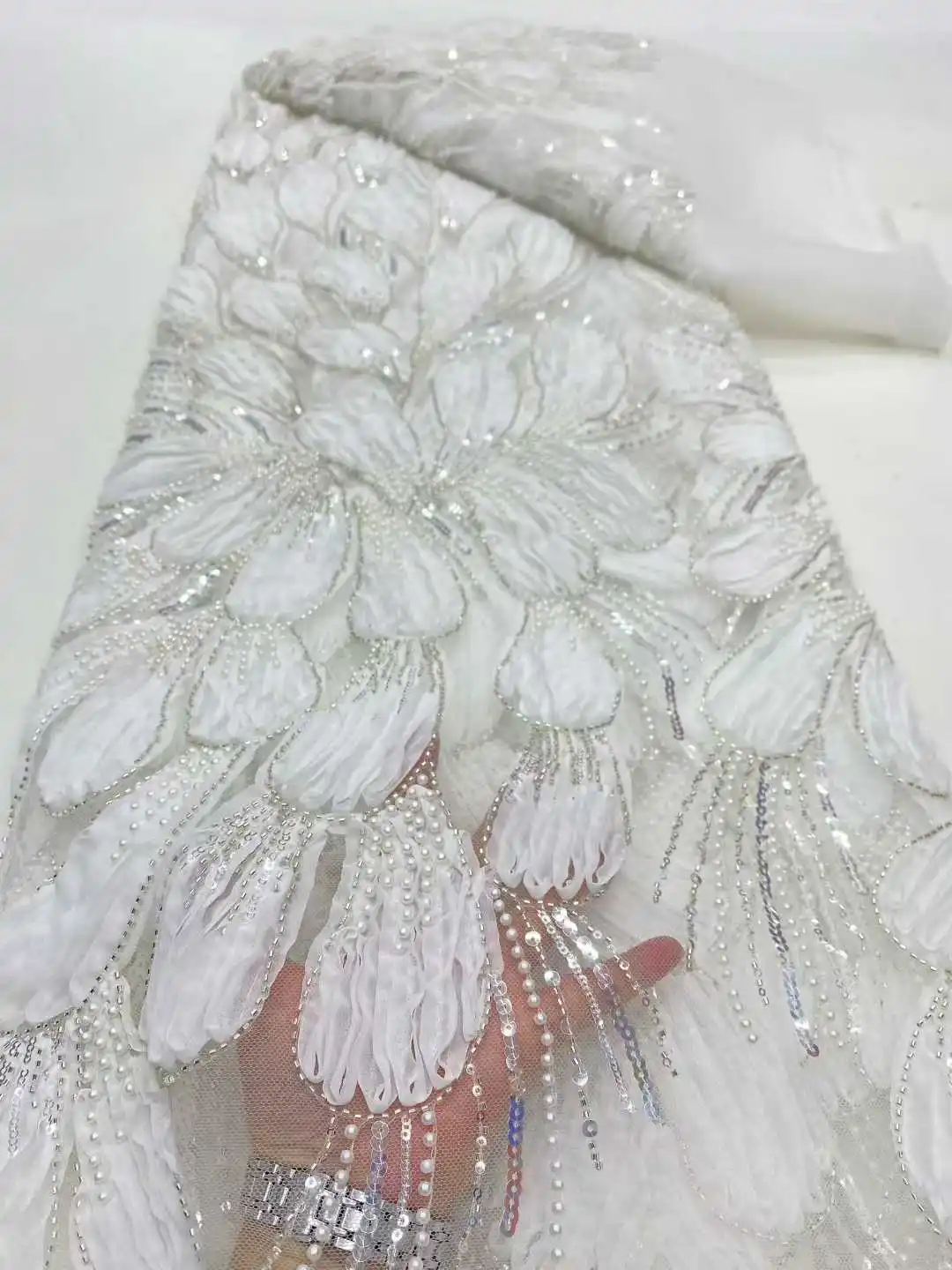 5 Yards African Lace Fabric 2025 High Quality French 3D Flower Sequins Embroidery Beads Tulle Lace Fabric For Party Dress