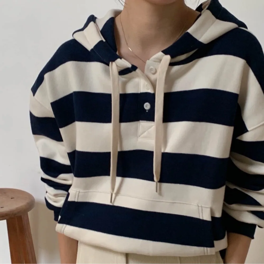 Korean Chic Striped Hoodie Women's Design Sensation Lazy Top High-End Feeling Early Autumn Polyester Fiber 100% Loose Fit