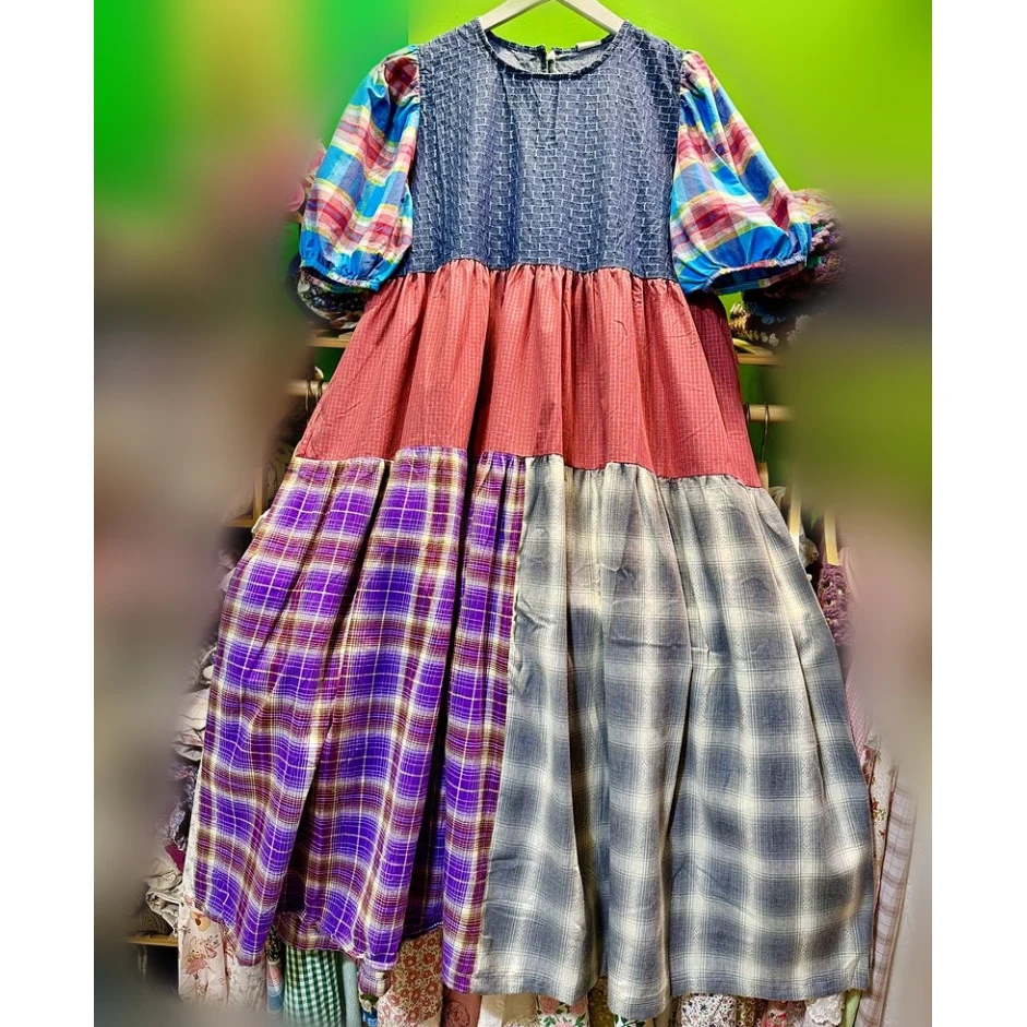 Vestido Midi Retro de Algodón y Lino para Mujer, Estilo Bohemio, Ibiza, Hippie, Gitano, Patchwork, Vacaciones, Manga Corta, Verano, Vestido Largo a Cuadros