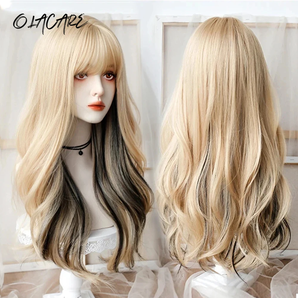 OLACARE Long Wavy Curly Black Blonde Hair Highlights Synthetic Blend Wigs With Fluffy Bangs For Women's Daily Wear Four Season