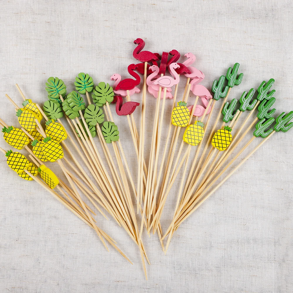 100Pc Flamingo Pineapple Fruit Dessert Sticks Cupcake Buffet Cocktail Bamboo Pick for Summer Hawaii Party Wedding Birthday Decor