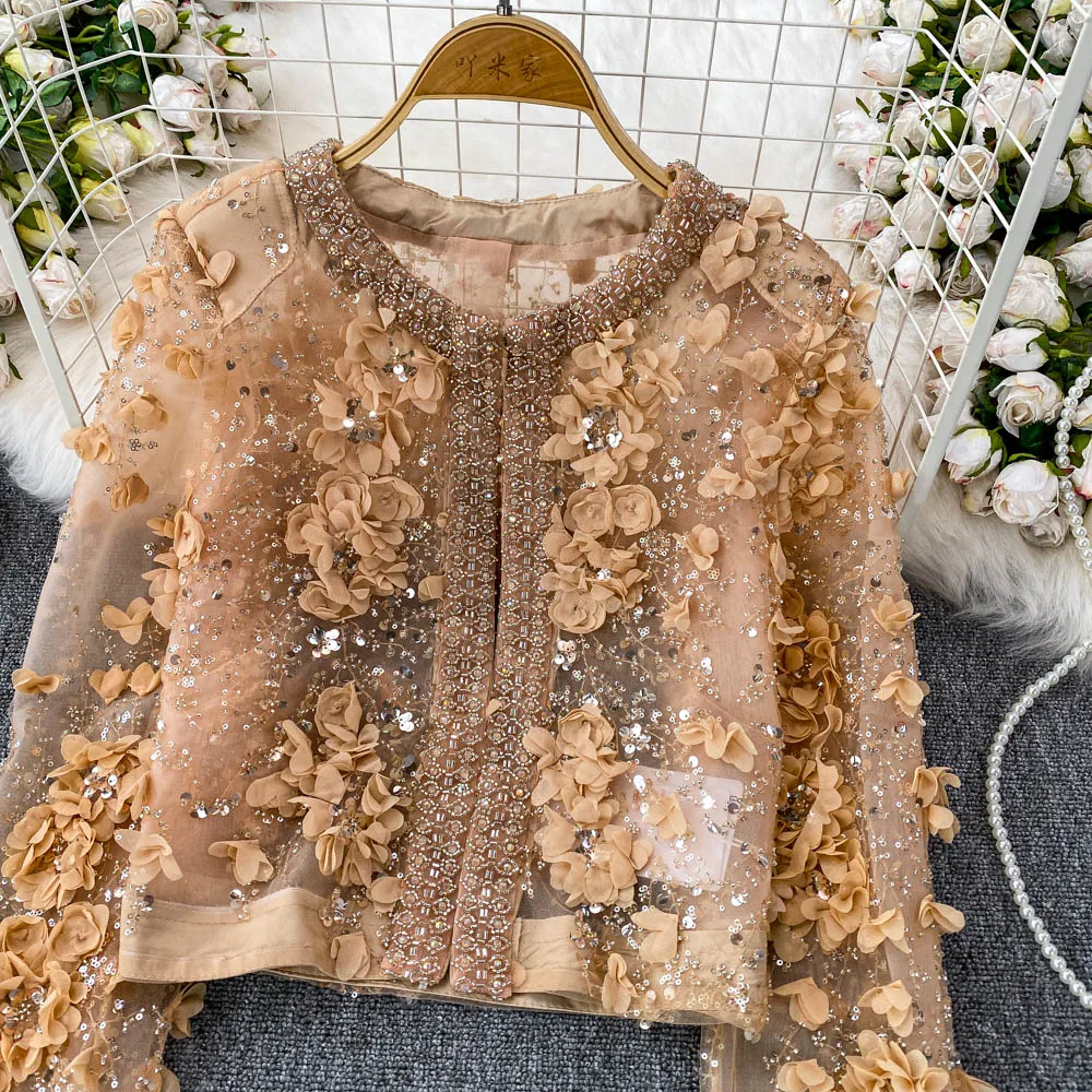 Luxury Women 3D Flowers Sequin Embroidery Mesh Spliced Jacket Gauze Patchwork Petal Diamonds Beaded Coat Net Yarn Cardigan Tops
