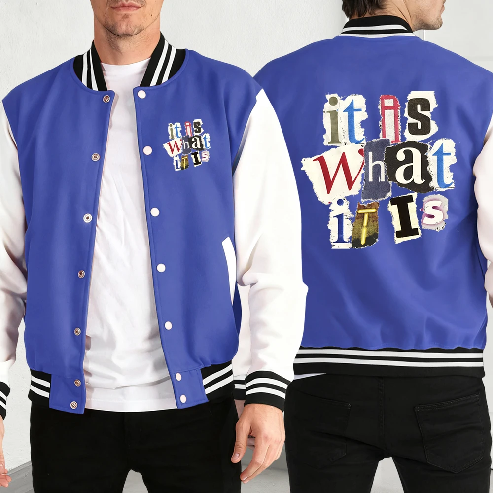 

It Is What It Is Letter Print Mens Clothes Sport Soft Jackets Oversized Vintage Baseball Jersey Basics Button Streetwear