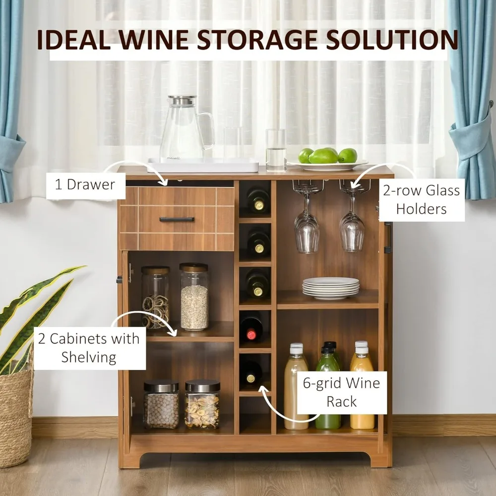 Retro-Style Wine Cabinet for 6 Bottles, Sideboard Serving Bar with Glass Holders and Drawer, Brown