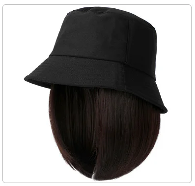 Hair Extensions Fashion Detachable Wig Hat Set Short Straight Bobo Synthetic Wigs Baseball Bucket Cap For Women