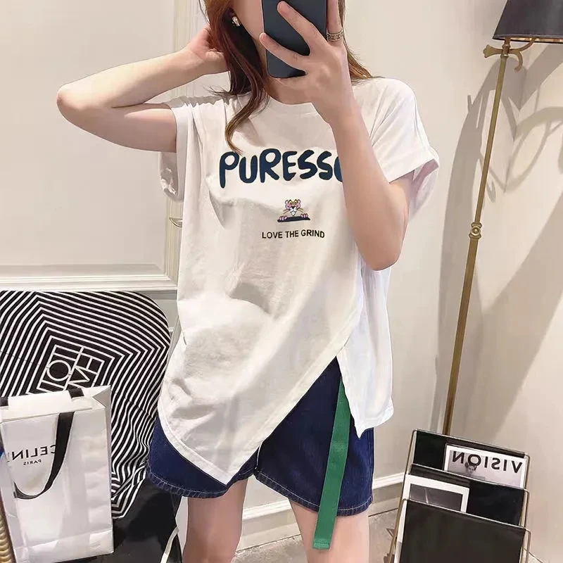 Y2K Fashion Open Splitted Short Sleeve T-shirt Women's 2023 New Oversized T-shirt Women Casual Print T-shirt Personality Tops