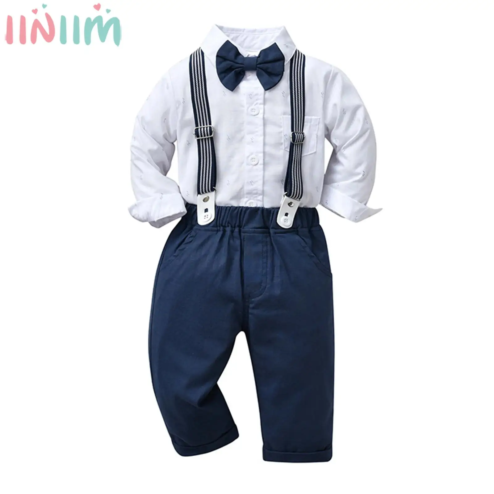 

Baby Boy British Style Gentleman Suit Wedding Birthday Party Outfit Long Sleeve Cotton Romper Shirt Top with Suspender Pants Set