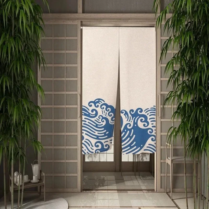 VIKAMA Japanese Ukiyo‑e Wave Noren Door Curtain Blue Sea Wave Print Fabric Partition Curtain for Home Restaurant Decor