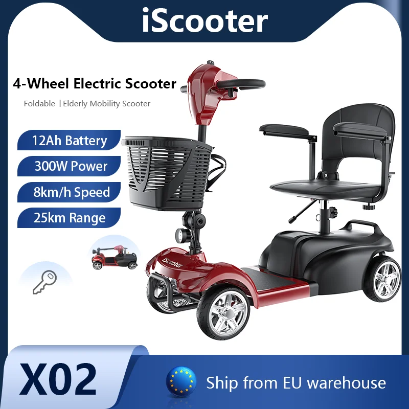 IScooter X02-1 4-Wheel Electric Mobility Scooter 300W 12Ah Battery E-Scooter 25km Range 8 Solid Tires Electric Scooter with 2 Key