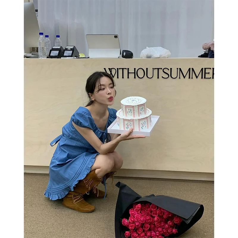 

Sweet Dongdaemun 26 Summer Bubble Sve Pleated Waist Belted irt Lace Trim A-Line Skirt French Sle Selfwill Women's...