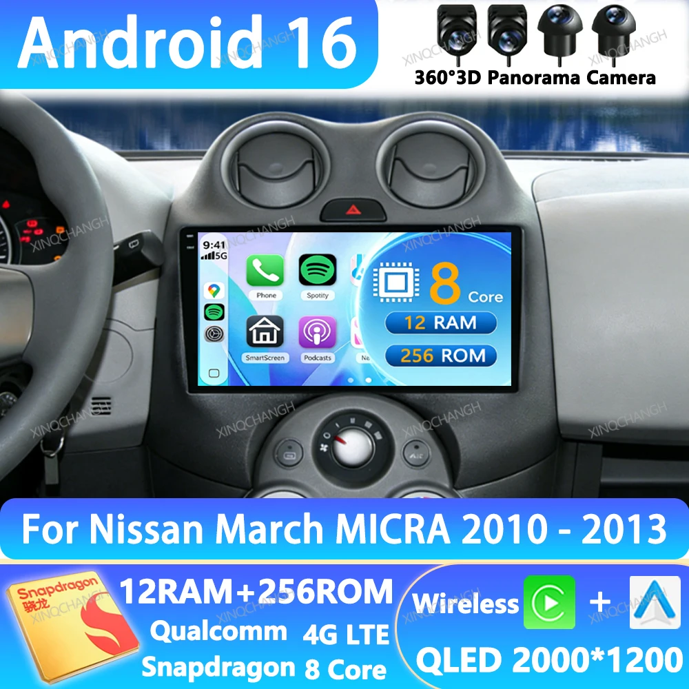 Radio para Auto Android 16 para Nissan March MICRA 2010-2013, Reproductor Multimedia Estéreo, Video, QLED, 4G, WIFI, BT, GPS, Unidad Principal de Navegación