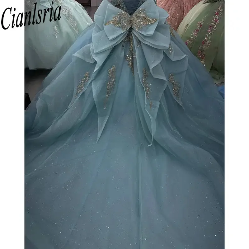 

Light Blue Glitter Beading Crystal Quinceanera Dresses Ball Gown Off The Shoulder Appliques Lace Bow Sweet 15 Años Mexican