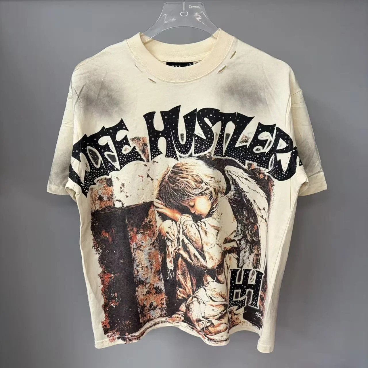 Life Hustlers American-style street prayer angel print studded distressed hole loose short-sleeved T-shirt