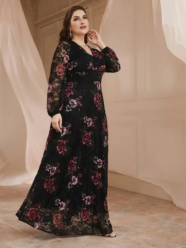 TOLEEN 2024 New Plus Size  Luxury Elegant Party Evening Dress Spring Summer Lace Mesh Floral Print Lantern Sleeve Women Clothing